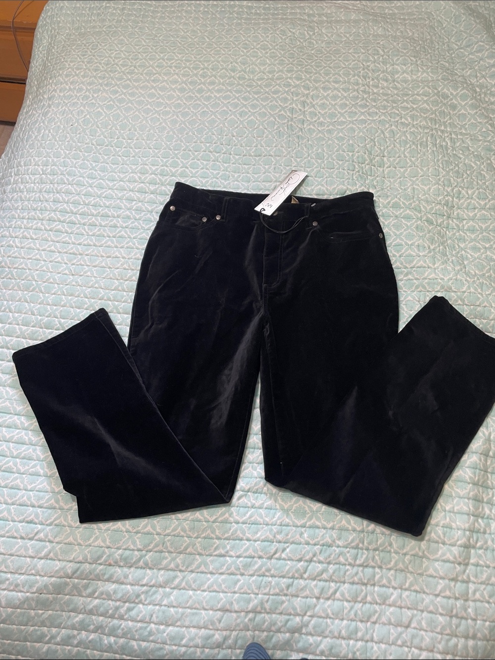 Black velvet five pocket jeans style straight leg pants